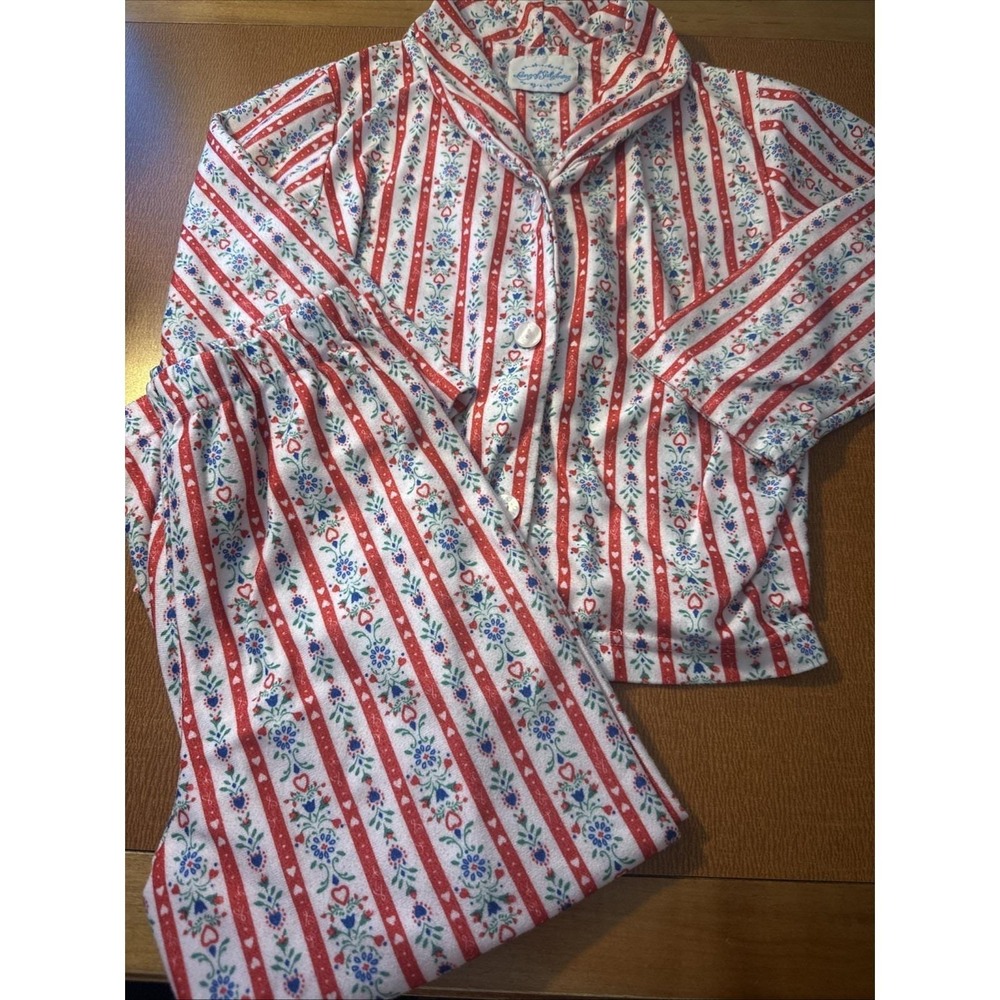 Vtg Lanz Of Salzburg Girl's Flannel 2 Pc Pajamas Heart Red Stripes‎ Folk Art 5/6